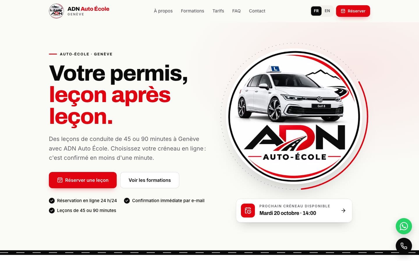 Homepage of the ADN Auto École website in Geneva