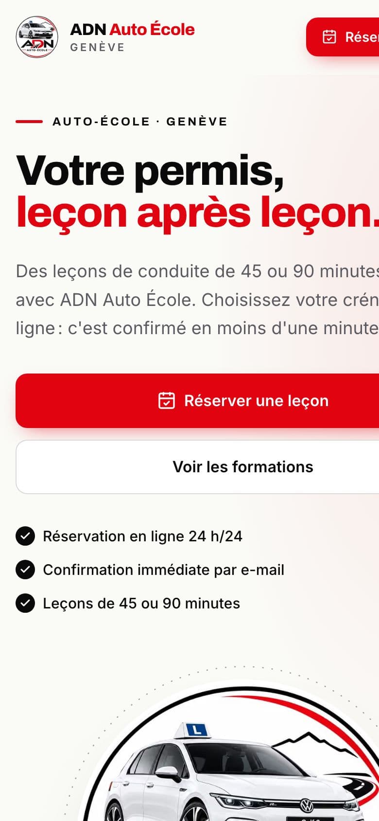 Startseite der Website von ADN Auto École in Genf